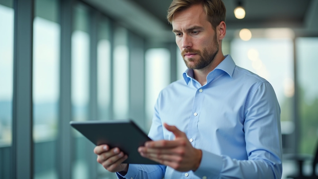 Directeur d'achats analysant les données PMI composite sur un écran tactile, bureaux modernes